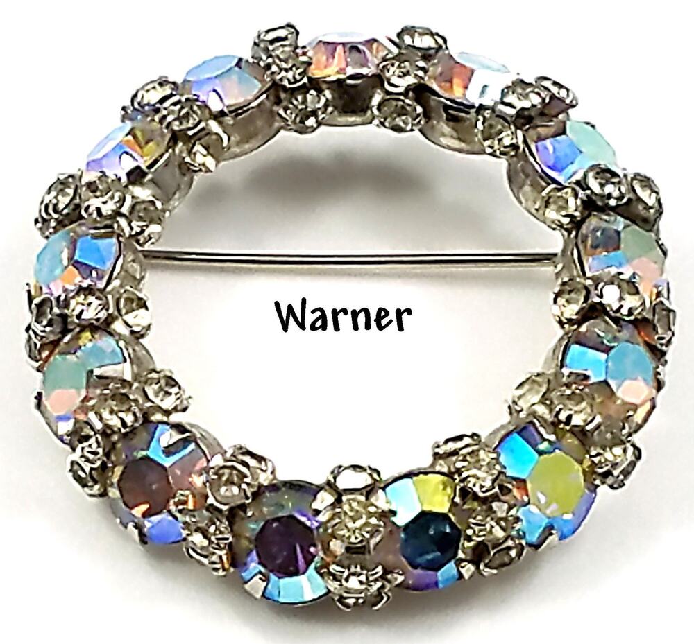 Vintage Warner AB Rhinestone Wreath Brooch, Rhodium Plated, 1960s, 1 1/2 Inches